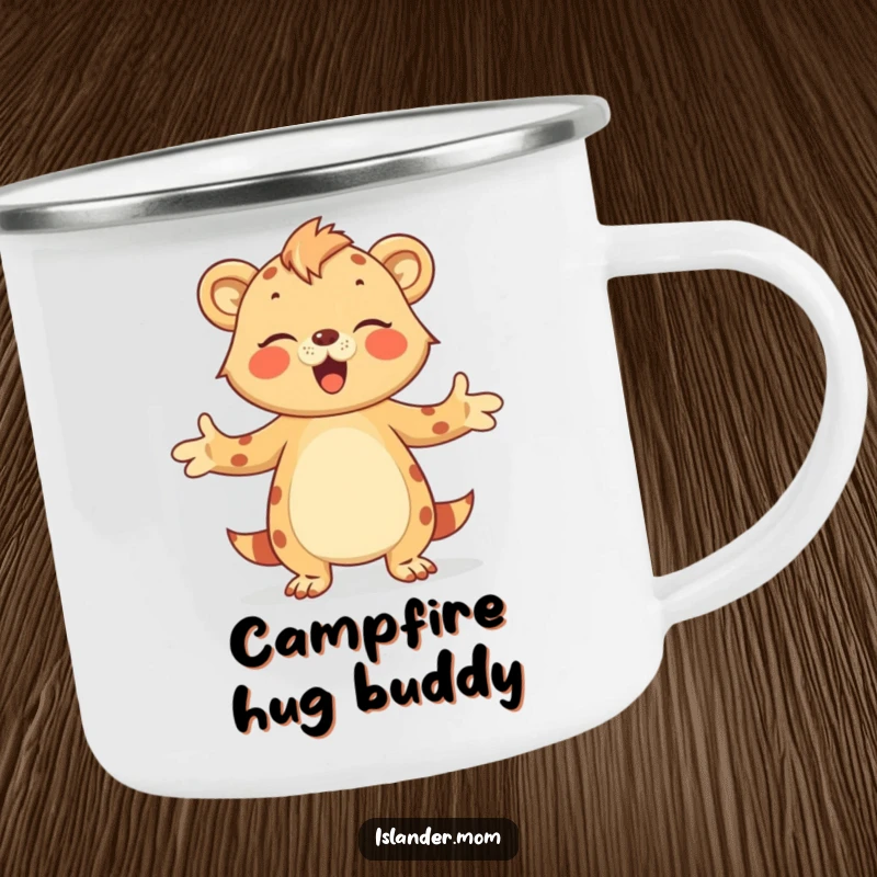 Funny Camping Mug with an islander mom animal offering a warm hug with open arms, perfect for cozy campers.
