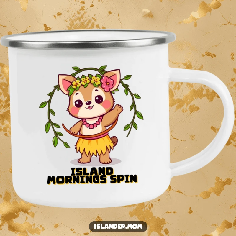 Funny Camping Mug: Adorable kawaii islander animal character twirling a vine hula hoop, ready for hilarious outdoor adventures.