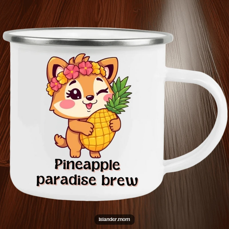 Funny islander animal character winking and holding a pineapple on an enamel camping mug, perfect for outdoor enthusiasts.