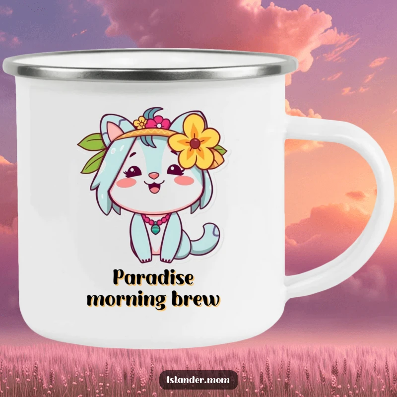 Funny Islander Mom Camping Mug depicting a cheerful animal mom with a flower behind her ear, ideal for outdoor adventures.