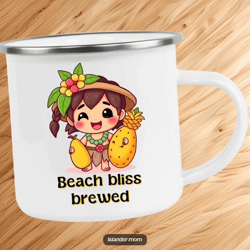 Funny Camping Mug: A kawaii islander character joyfully holds a tropical fruit, perfect for campfire stories and outdoor fun.