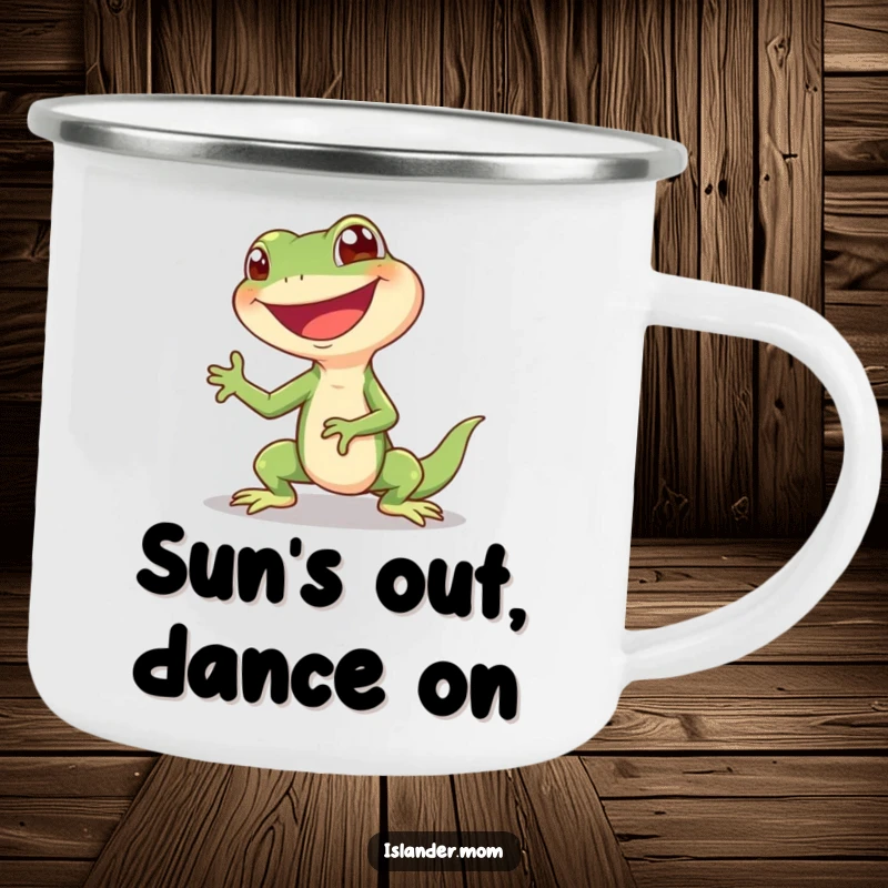 Funny Lizard Camping Mug: A giggling lizard shimmying with a big grin, ready for your favorite hot beverage during outdoor adventures.