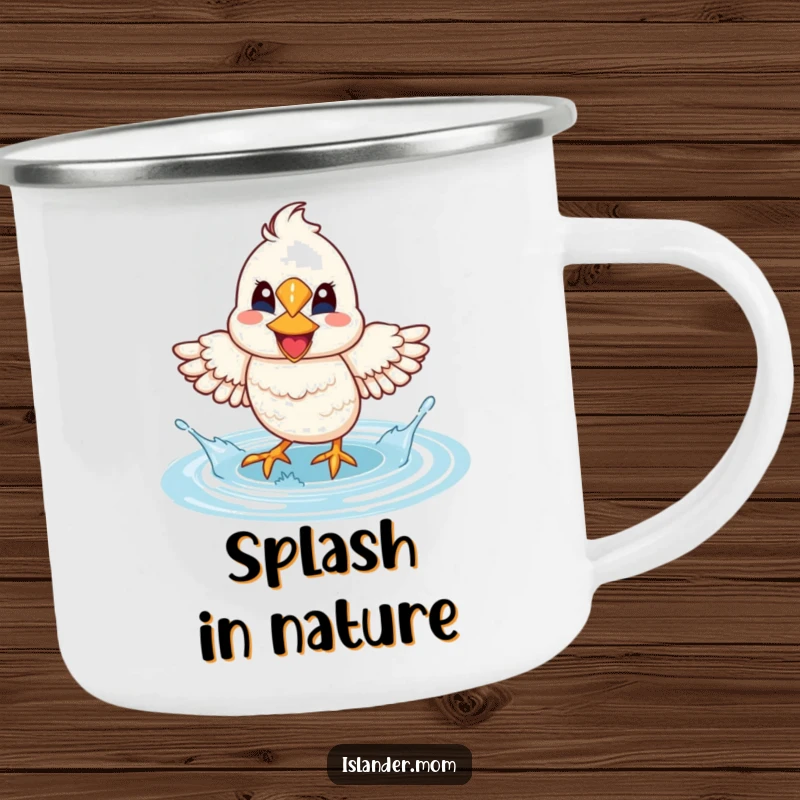 Funny Mama Bird Lagoon Splash Camping Mug: A mama bird with a wide smile splashes water with its feet.