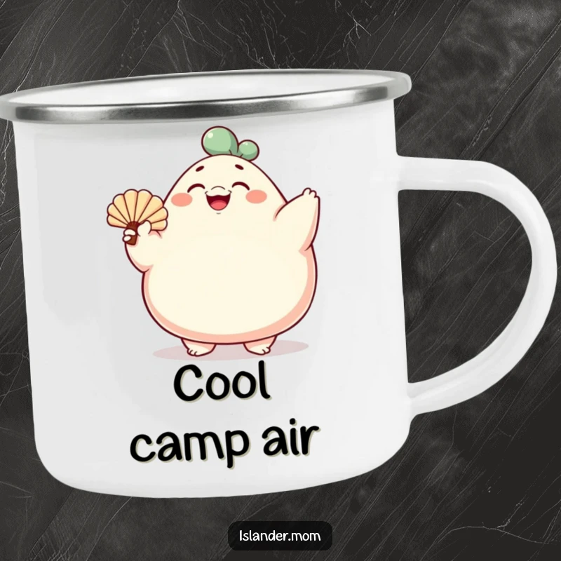 Funny camping mug featuring a rotund character fanning with a shell, perfect for enjoying beverages outdoors with humor and cheer.
