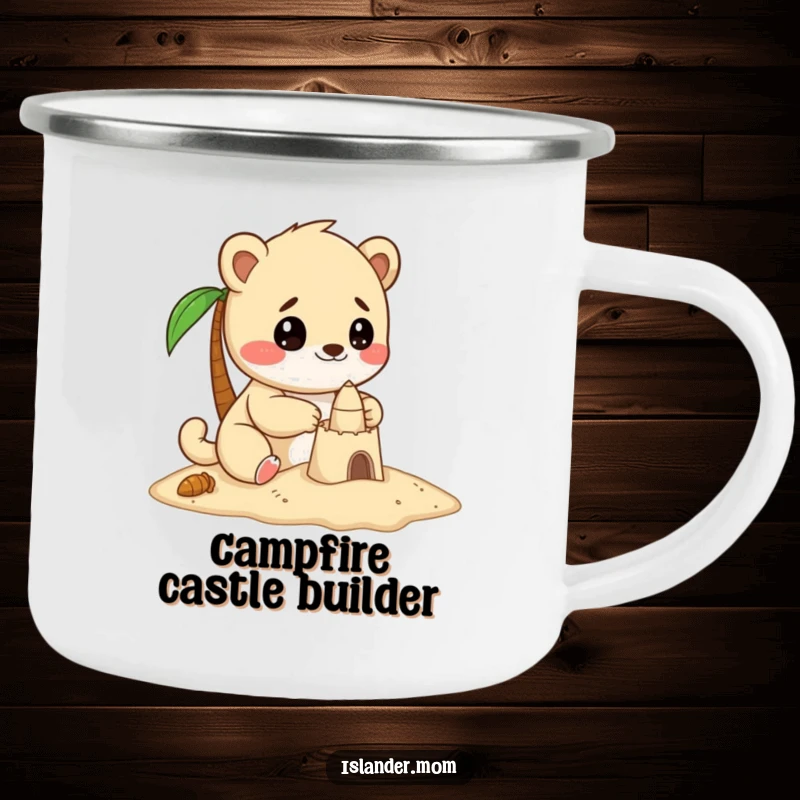 Funny camping mug showing a kawaii islander animal focused and delighted while building a sandcastle, great for outdoors.