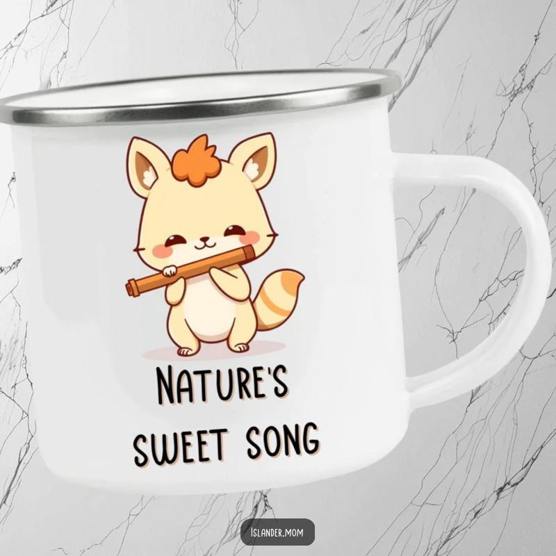 Funny spirited animal playing a simple flute with a beaming smile, a durable and humorous camping mug for musical campers.