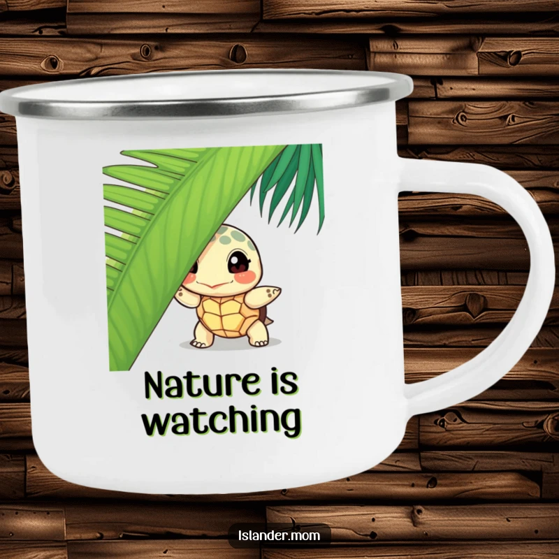 Funny curious turtle camping mug, featuring a turtle peeking from behind a palm leaf, ideal for outdoor enthusiasts.