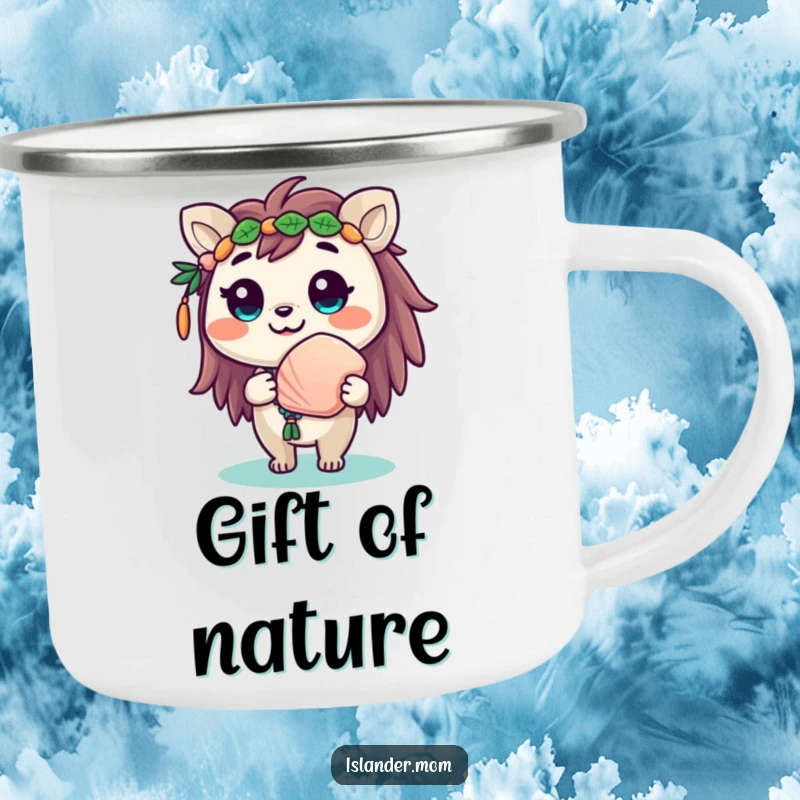 Funny camping mug featuring a cute islander animal with a beaming smile, offering a seashell for outdoor enjoyment.