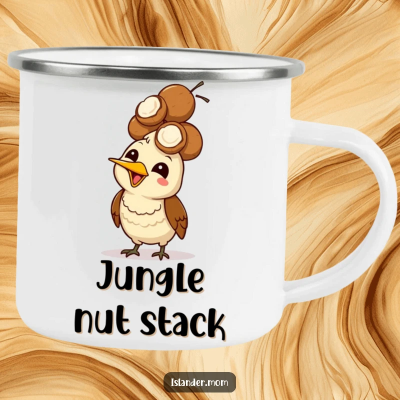 Funny Mama Bird Coconut Head Camping Mug: A mama bird giggles while balancing coconuts on its head.