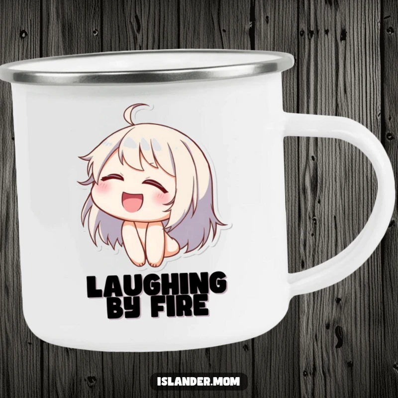 Funny enamel camping mug depicting a character laughing with eyes closed and head tilted back, perfect for outdoor merriment.