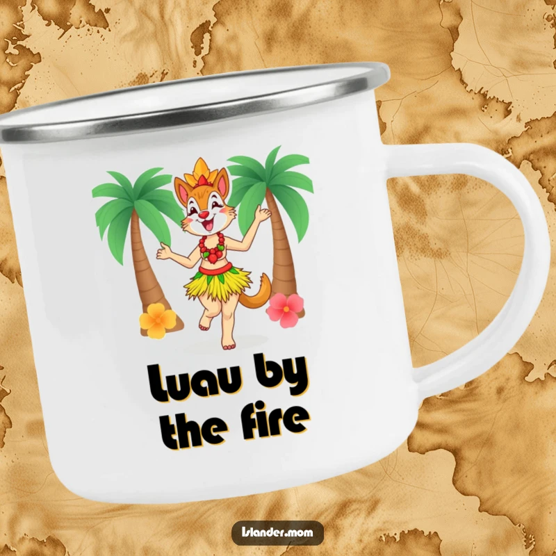 Funny Islander Mom Camping Mug, sturdy and portable, showing an islander mom in a grass skirt dancing with delight, for outdoor fun.