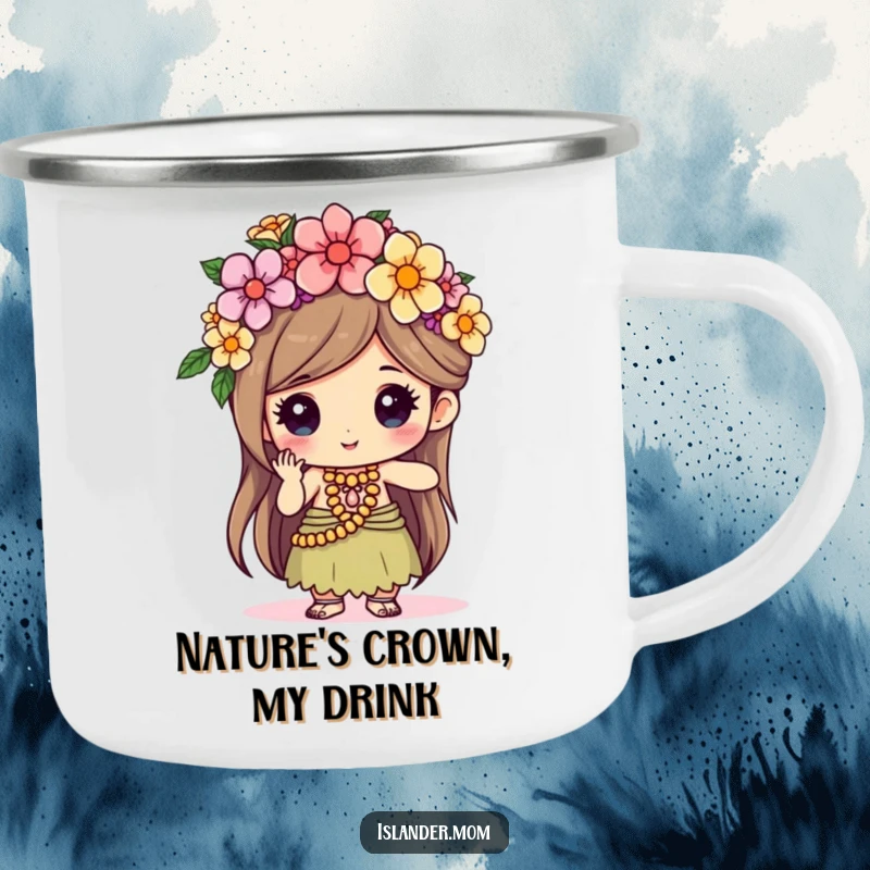Funny kawaii islander character focused on weaving a flower crown on a durable camping mug, ready for creative adventures.