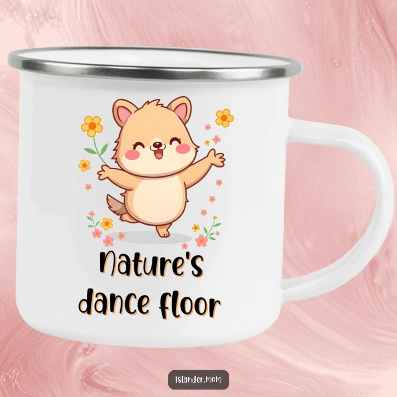 Funny Camping Mug: Enamel mug with a kawaii islander animal dancing energetically among flowers, blending outdoor adventure with vibrant humor.