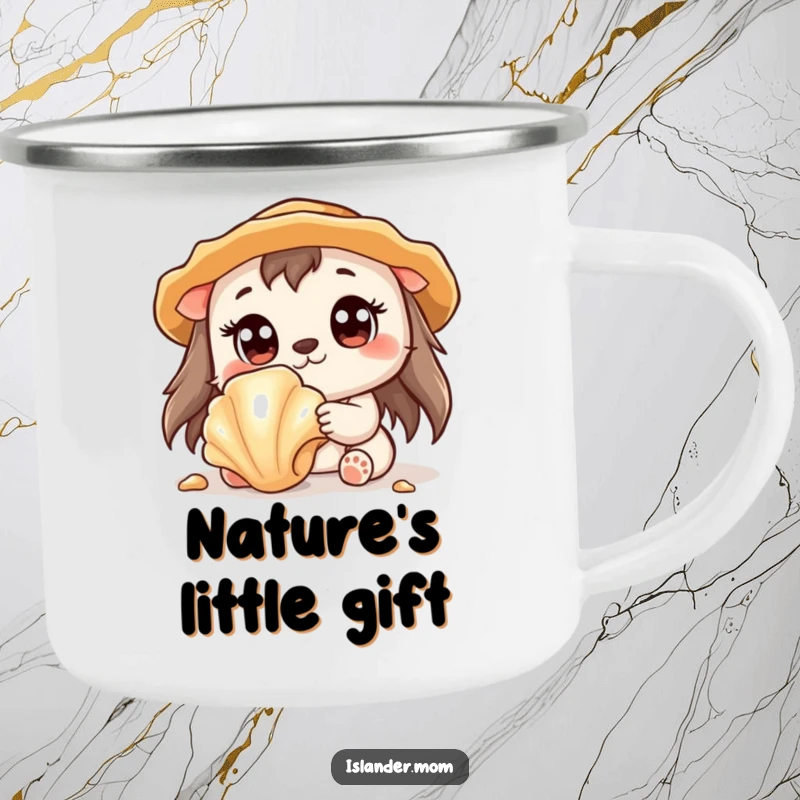 Funny camping mug with a cute kawaii islander animal wide-eyed, discovering a shiny seashell.