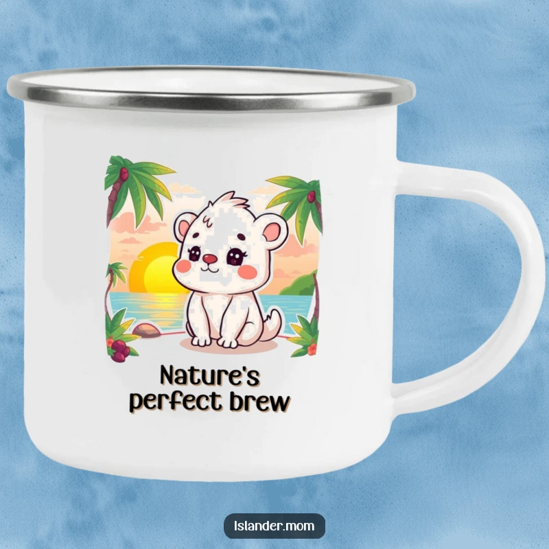 Funny camping mug featuring a kawaii islander animal peacefully enjoying a beautiful sunset, ideal for outdoor trips.