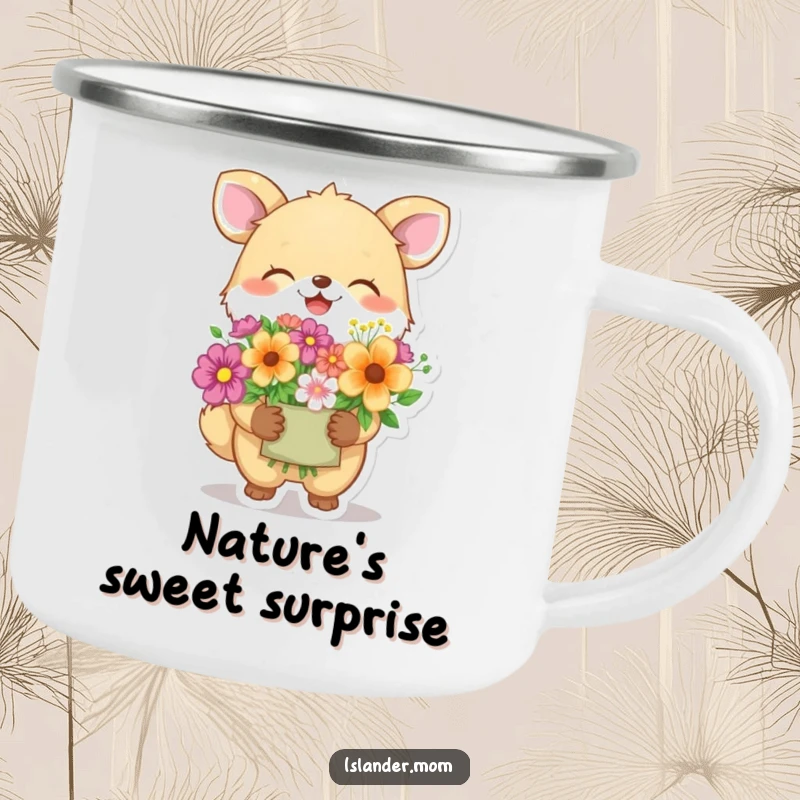 Funny animal character giggling while holding a vibrant bouquet of flowers, a durable and humorous camping mug for happy campers.