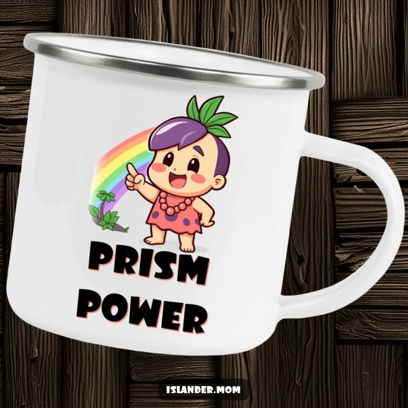 Funny Camping Mug featuring an excited islander character pointing at a rainbow, designed for outdoor enthusiasts and cheerful moments.