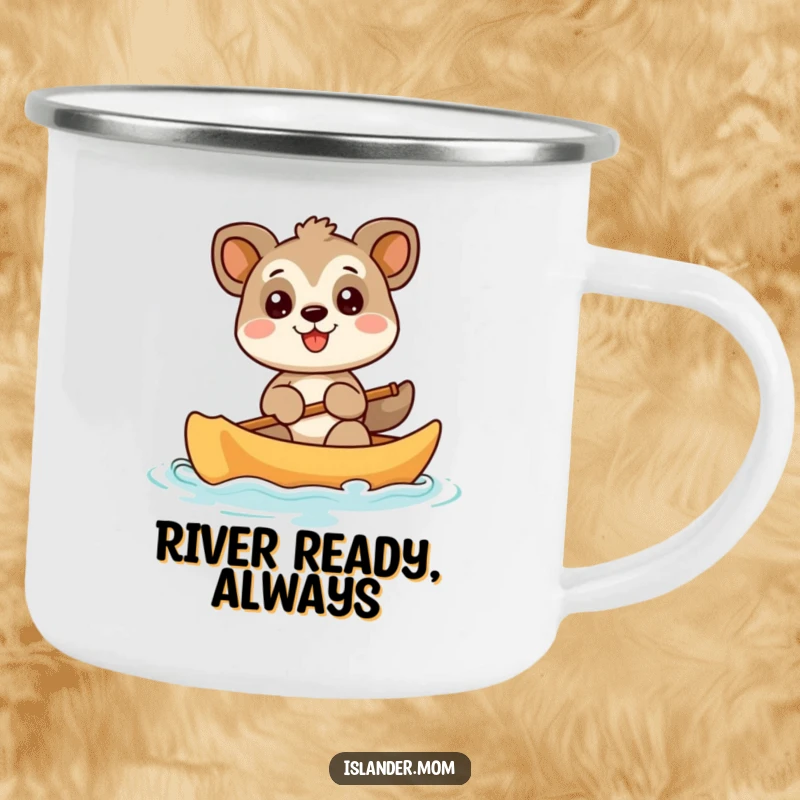 Funny animal character paddling a canoe with a wide, beaming smile, a durable and humorous camping mug for outdoor enthusiasts.