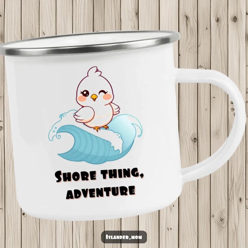 Funny mama bird winking and riding a wave on a camping mug. Rugged, humorous drinkware, an ideal funny gift for outdoor lovers.