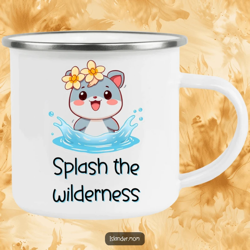 Funny camping mug featuring a cheerful islander animal with a flower, splashing in blue water, for outdoor enjoyment.