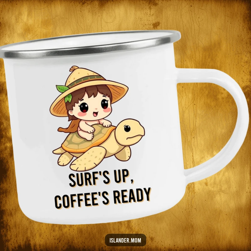 Funny Islander Turtle Rider Camping Mug: Enamel mug with an islander riding a sea turtle, perfect for outdoors and funny gifts.