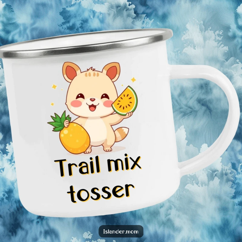 Funny camping mug showing a talented animal juggling tropical fruits, perfect for enjoying drinks outdoors with a side of amusement.