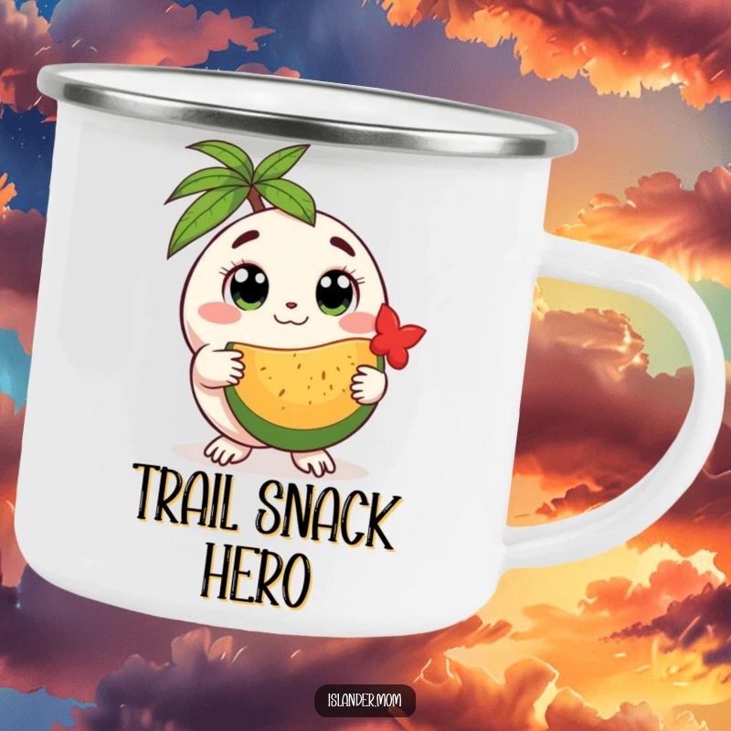 Funny round island creature camping mug, featuring a creature with gentle eyes offering fruit, ideal for outdoor enthusiasts.