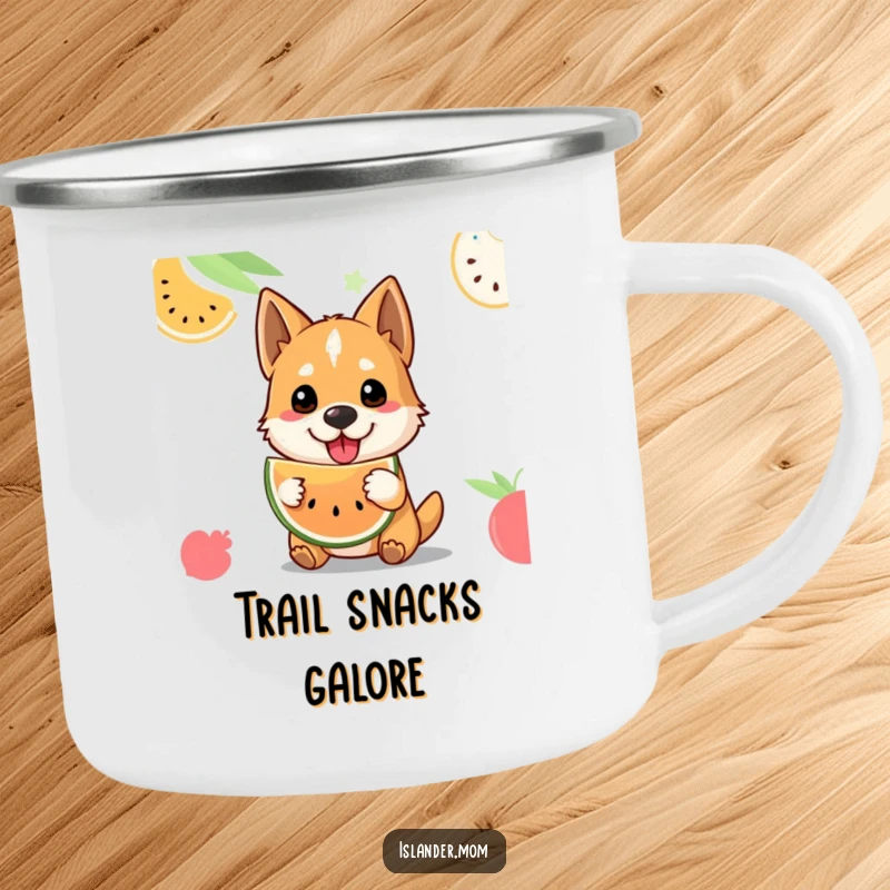 Funny tropical fruit dog camping mug with a welcoming dog offering fruit, durable for outdoor adventures with island charm.