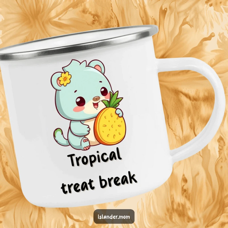 Funny Camping Mug: Enamel mug with a kawaii islander animal offering pineapple, blending outdoor adventure with tropical hospitality.