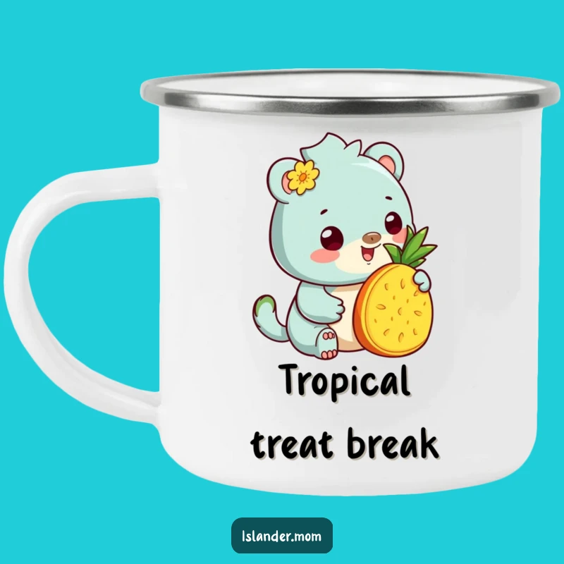 Funny Kawaii Islander Pineapple Camping Mug: Enamel Camp Cup, Tropical Animal Art, Ideal Funny Gift