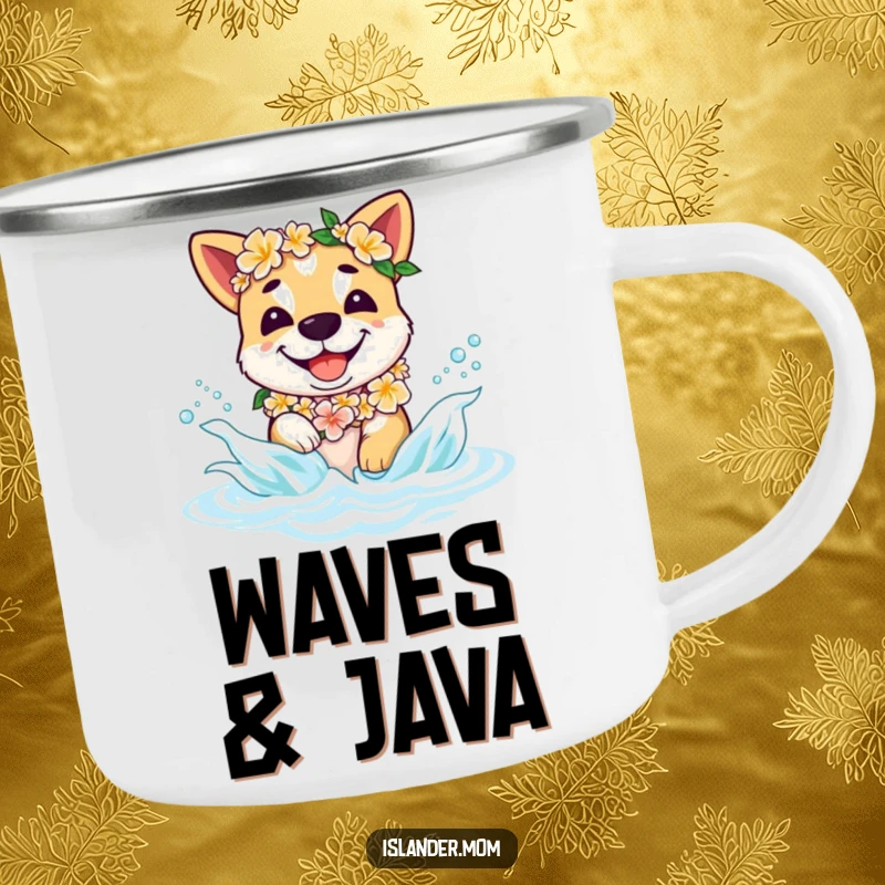 Funny beach dog camping mug with a smiling dog in a lei splashing in waves, durable for outdoor adventures.