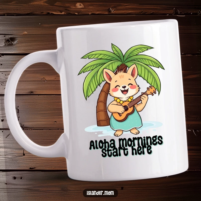 Funny Mug of an islander mom animal happily playing a ukulele under a lush palm tree, embodying tropical relaxation.