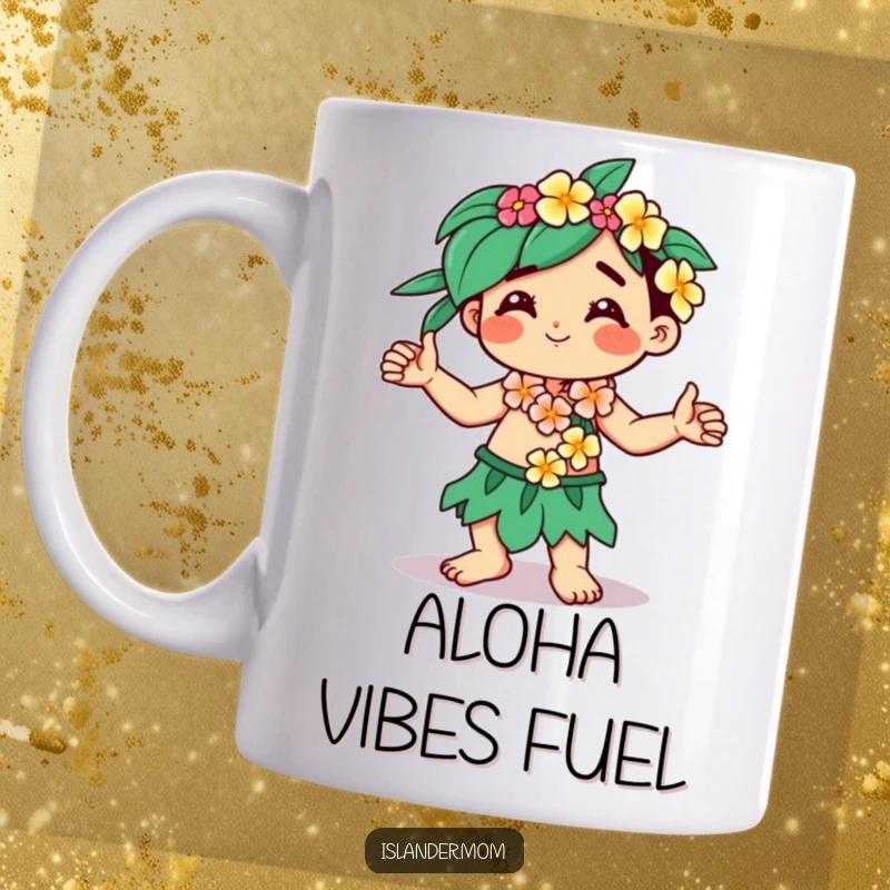 Funny Kawaii islander character mug, wearing a flower lei, dancing with pure joy and hands free.
