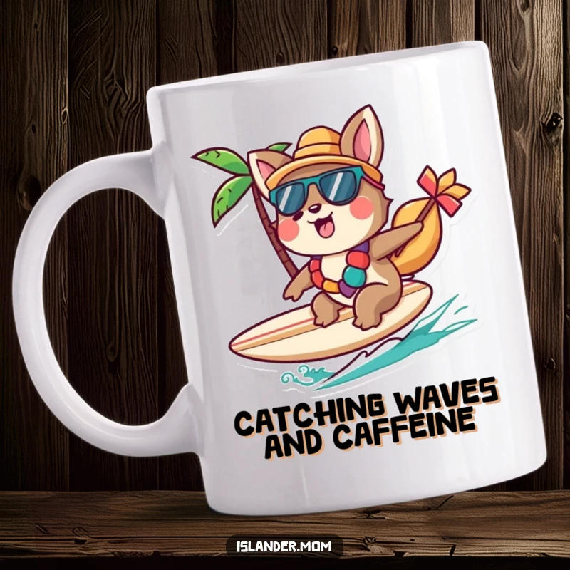 Funny Islander Animal Mug featuring a character cheerfully riding a small surfboard, bringing beach vibes, an ideal funny gift.