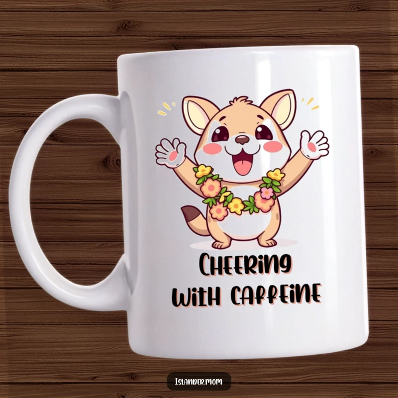 Funny mug depicting an ecstatic animal character wearing leis, waving arms enthusiastically, embodying pure excitement and festive cheer.
