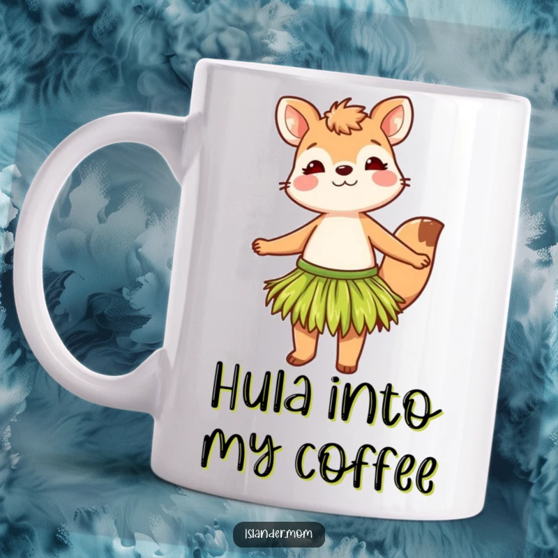Funny mug showcasing a whimsical animal character joyfully swaying in a grass skirt, embodying pure, uninhibited fun and rhythm.