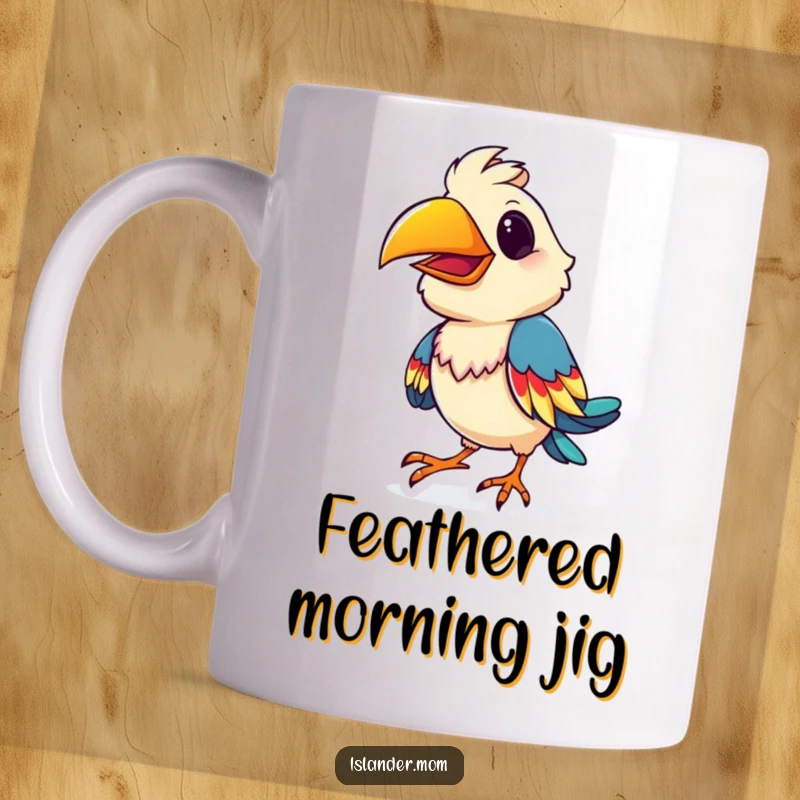 Funny playful bird mug, doing a lively shimmy with colorful feathers, evoking happiness and energetic vibes.