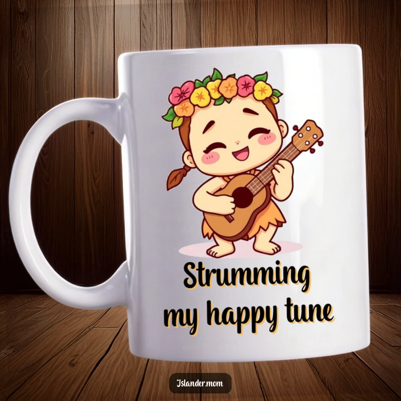 Funny kawaii islander character happily strumming a ukulele with a serene, contented smile, exuding island vibes and music.