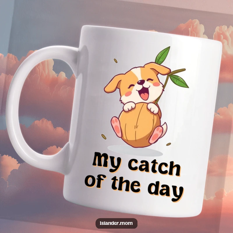 Funny dog mug of a determined dog catching a falling coconut with its paws, looking incredibly pleased with its athletic feat.