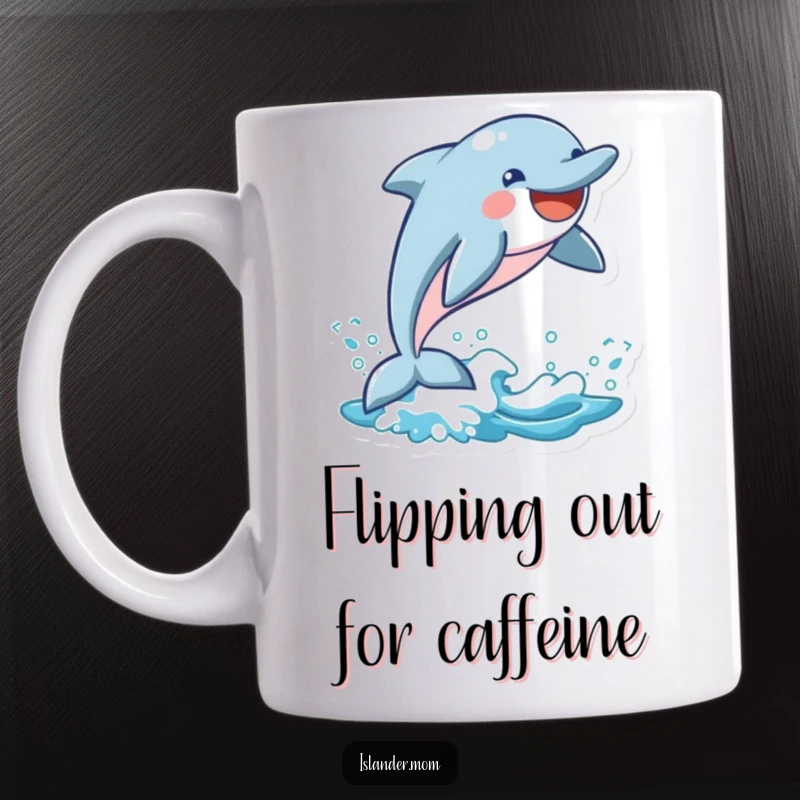Funny Dolphin Mug: A playful dolphin leaps joyfully from a wave, showcasing a wide, infectious smile, capturing pure oceanic delight.