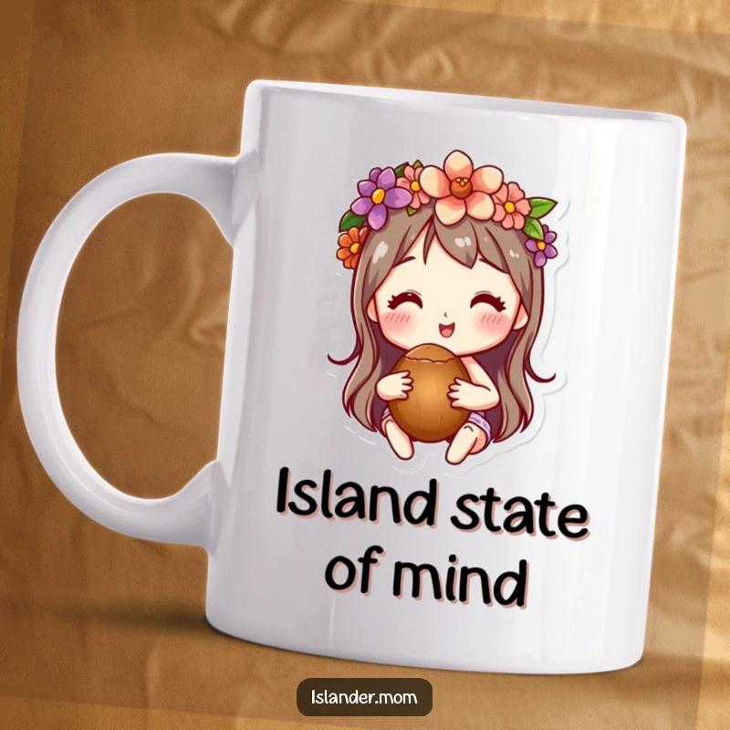 Funny ceramic mug of a character wearing a vibrant flower crown and holding a fresh coconut, exuding a relaxed, tropical vibe.