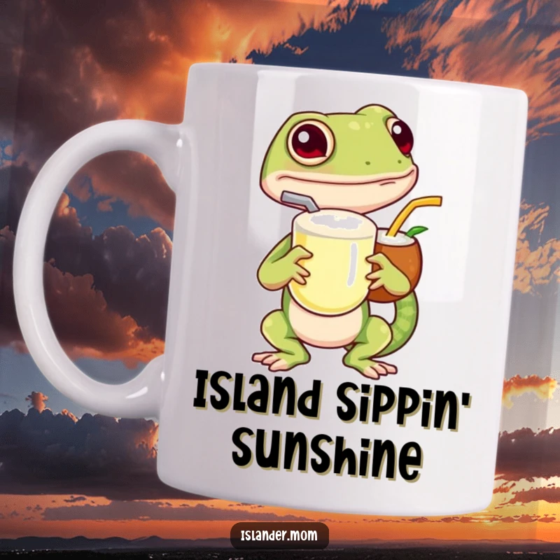 Funny island gecko mug, showing a cheerful gecko holding a coconut drink with a straw, embodying relaxation and vacation vibes.