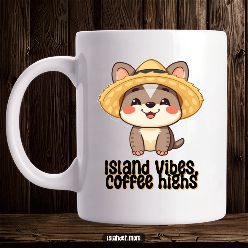 Funny Islander Animal Mug featuring a smiling character in a straw hat, bringing tropical vibes, an ideal funny gift.
