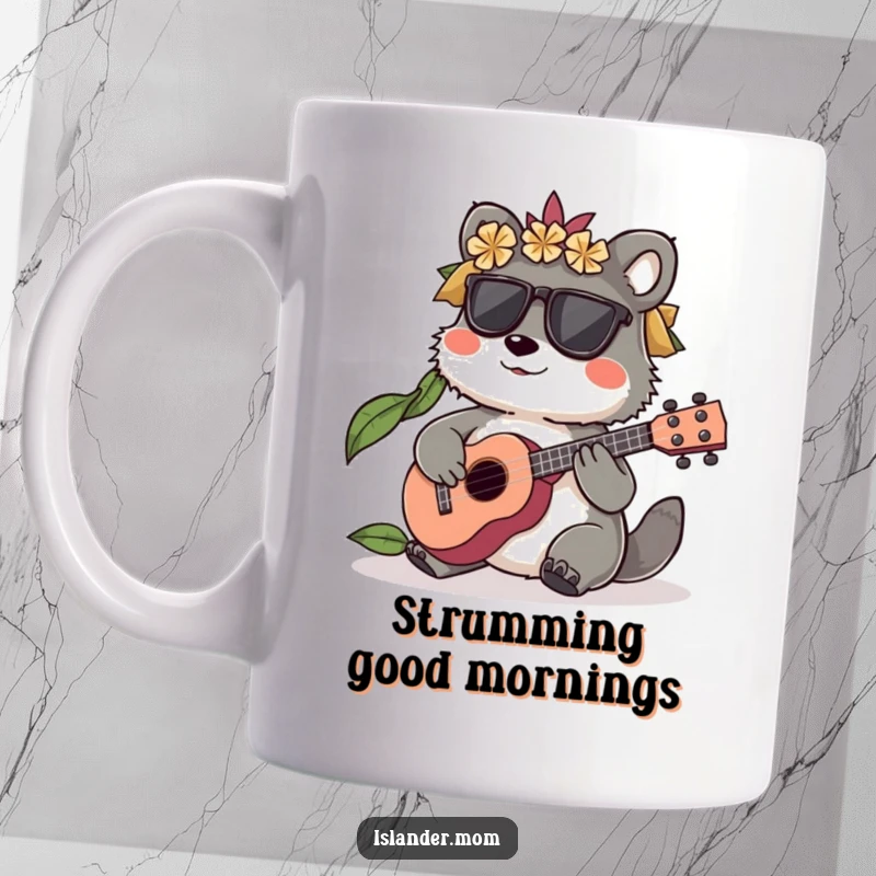 Funny Islander Animal Mug featuring a character playing a small ukulele, bringing musical vibes, an ideal funny gift.