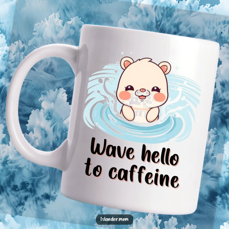 Funny Mug of an islander mom animal gleefully splashing in gentle ocean waves, enjoying a sunny beach day.