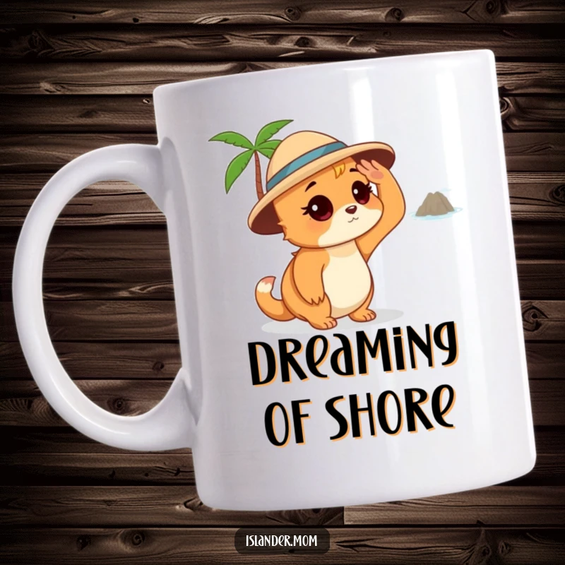 Funny Islander Mom Mug, shading her eyes, looking wistfully towards a distant island, evoking dreams of paradise.
