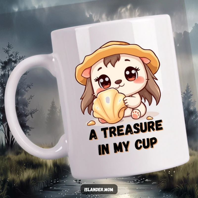 Funny mug with a cute kawaii islander animal’s wide eyes focused on discovering a sparkling seashell.