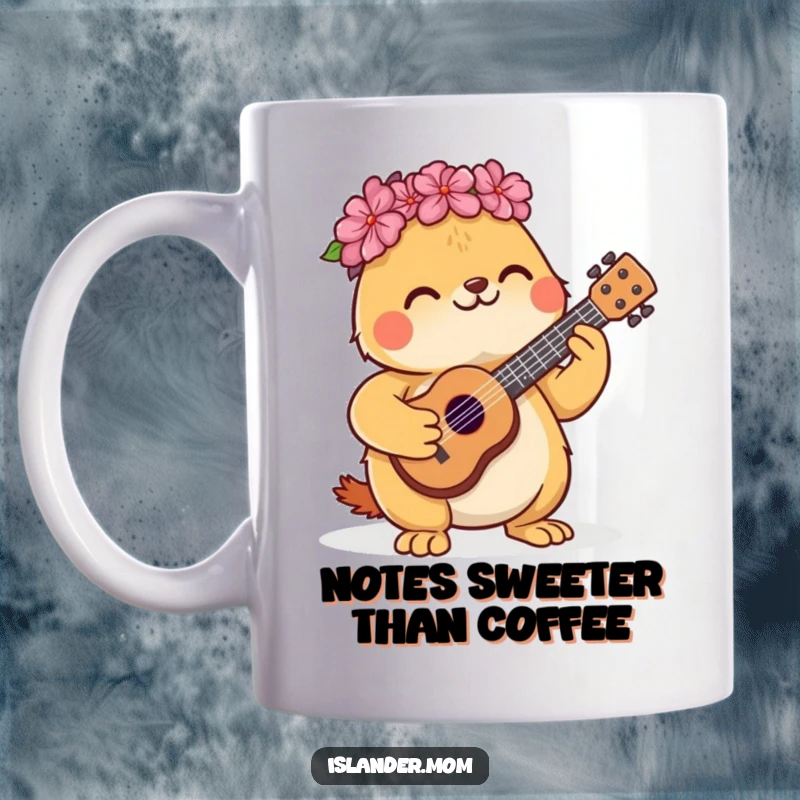 Funny mug with a cute kawaii islander animal happily strumming a miniature ukulele, radiating joy.