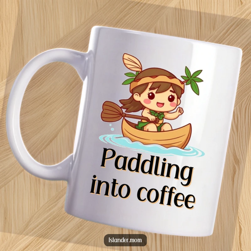 Funny Mug: A kawaii islander character paddles a small canoe with a friendly wave, ready for a happy aquatic adventure.