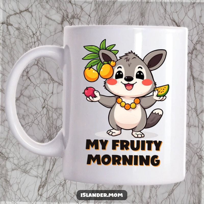 Funny mug with a cheerful kawaii islander animal juggling colorful tropical fruits, embodying fun and joy.